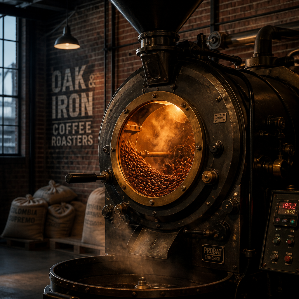 Coffee beans roasting in a traditional industrial roasting drum