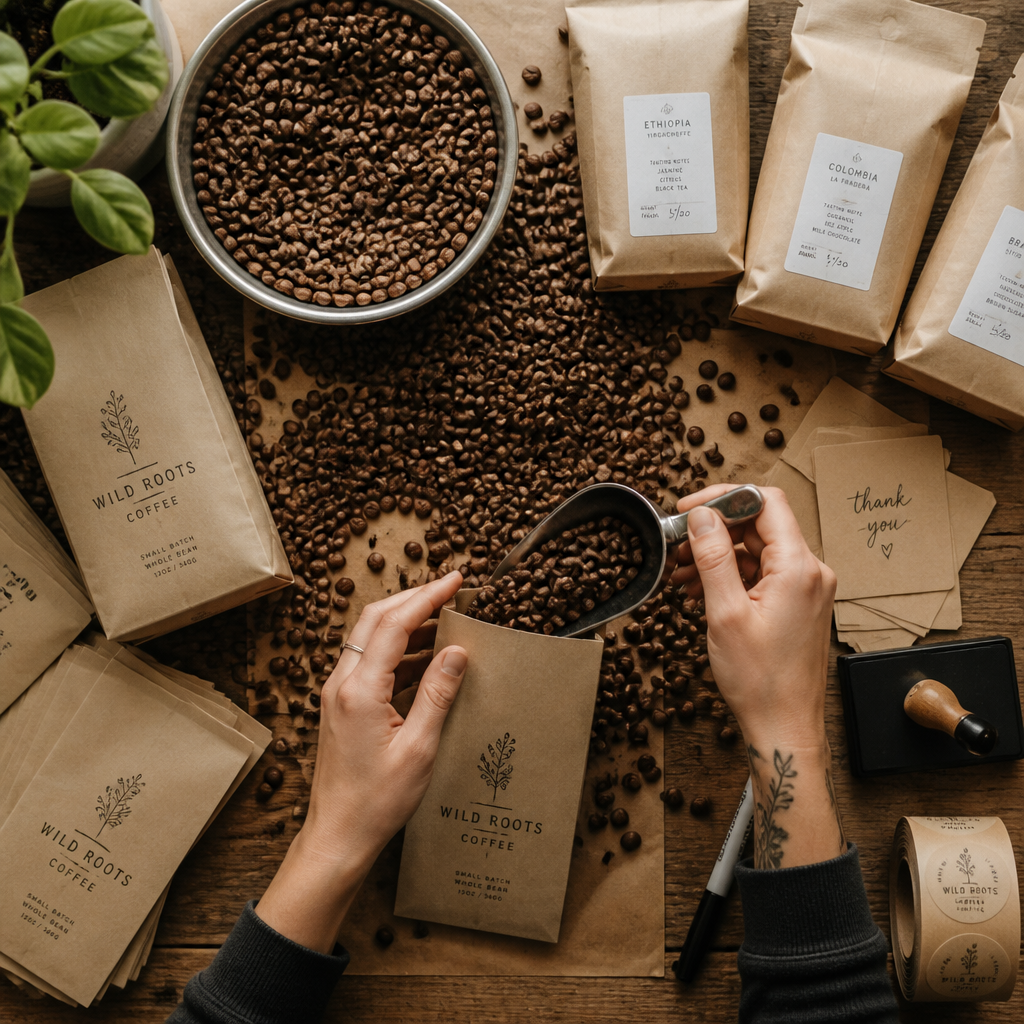 Fresh roasted coffee being hand-packed into kraft paper bags