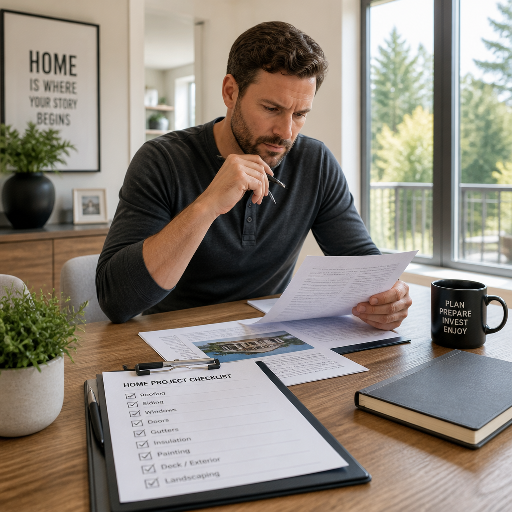 Homeowner reviewing handover documents and checklist at home