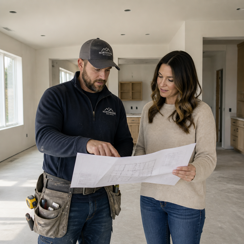 Builder and homeowner discussing construction documentation during new home inspection