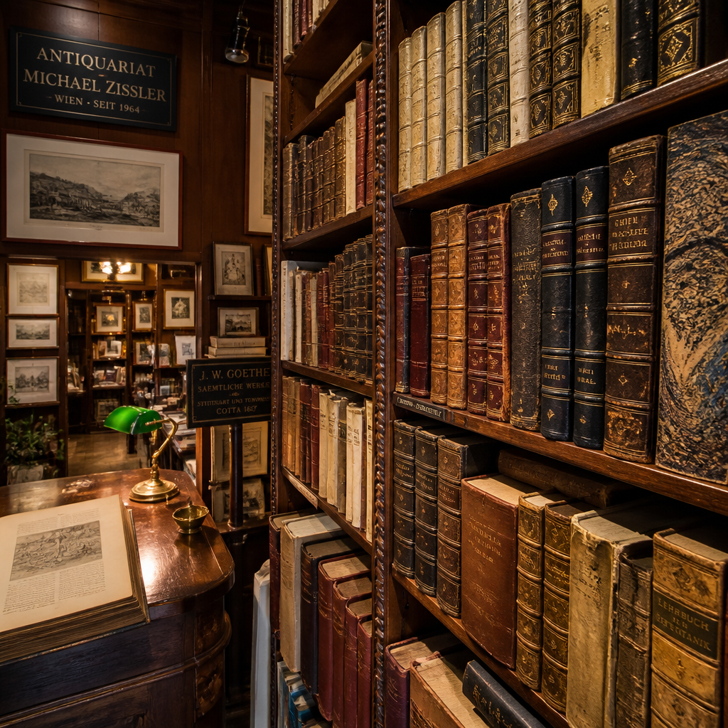 Antike Bücher verkaufen Wien: Wann sind Druckwerke wertvoll? 4 Interieur eines Wiener Antiquariats mit Büchern und Drucken in Holzregalen