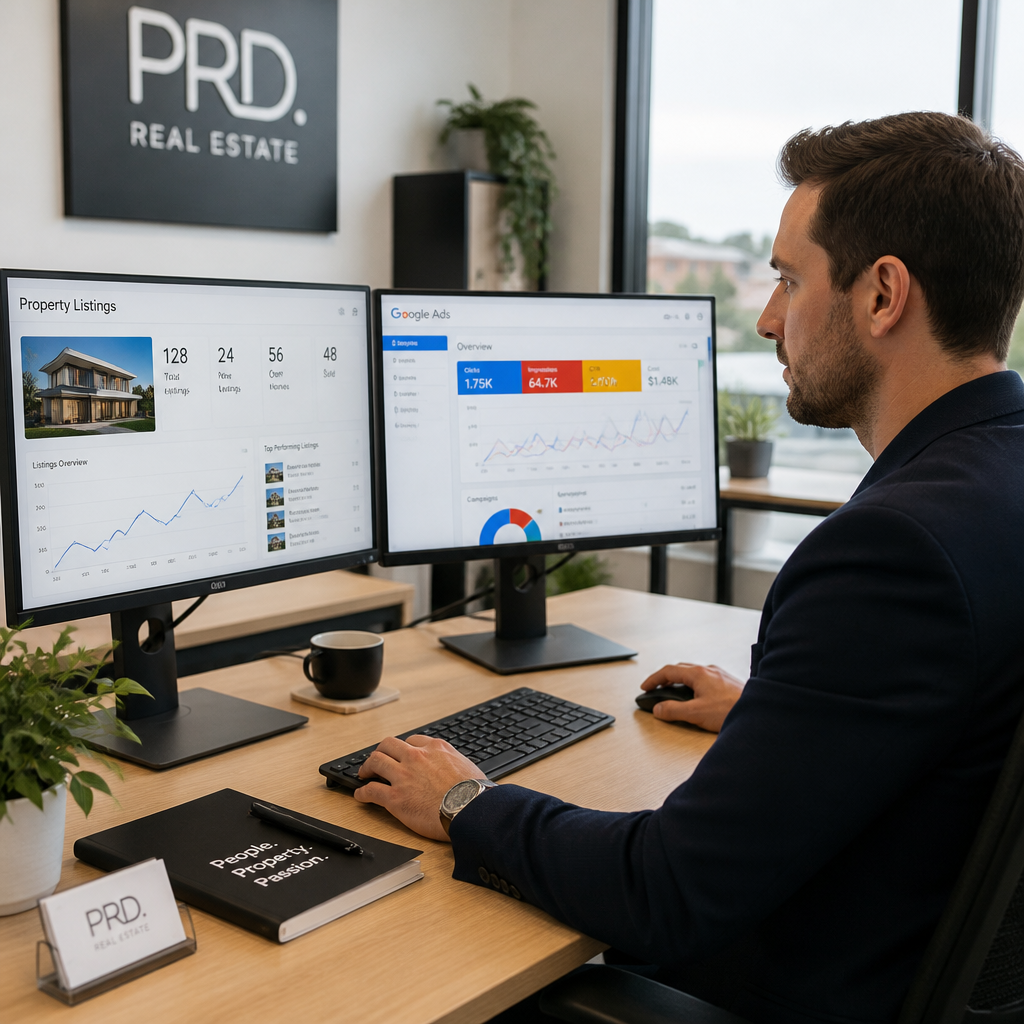 Real estate agent analyzing Google Ads metrics on dual computer monitors at a desk