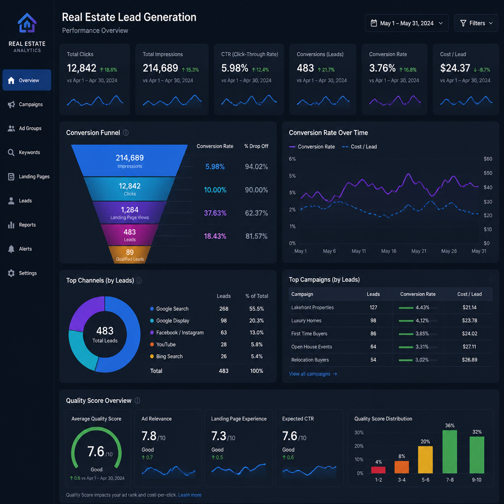 Digital analytics dashboard displaying real estate conversion metrics and quality score data