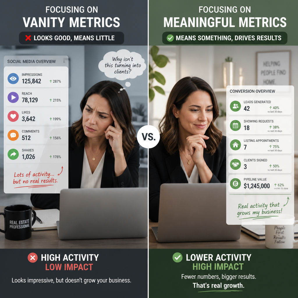 Comparison showing difference between vanity metrics and meaningful conversion data for real estate