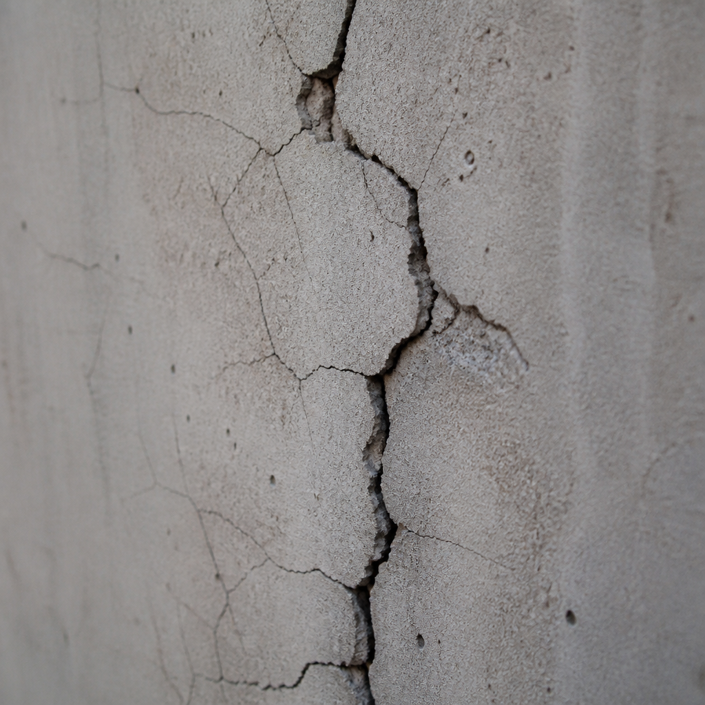 Gros plan détaillé d'une fissure dans un mur porteur en béton avec éclairage latéral