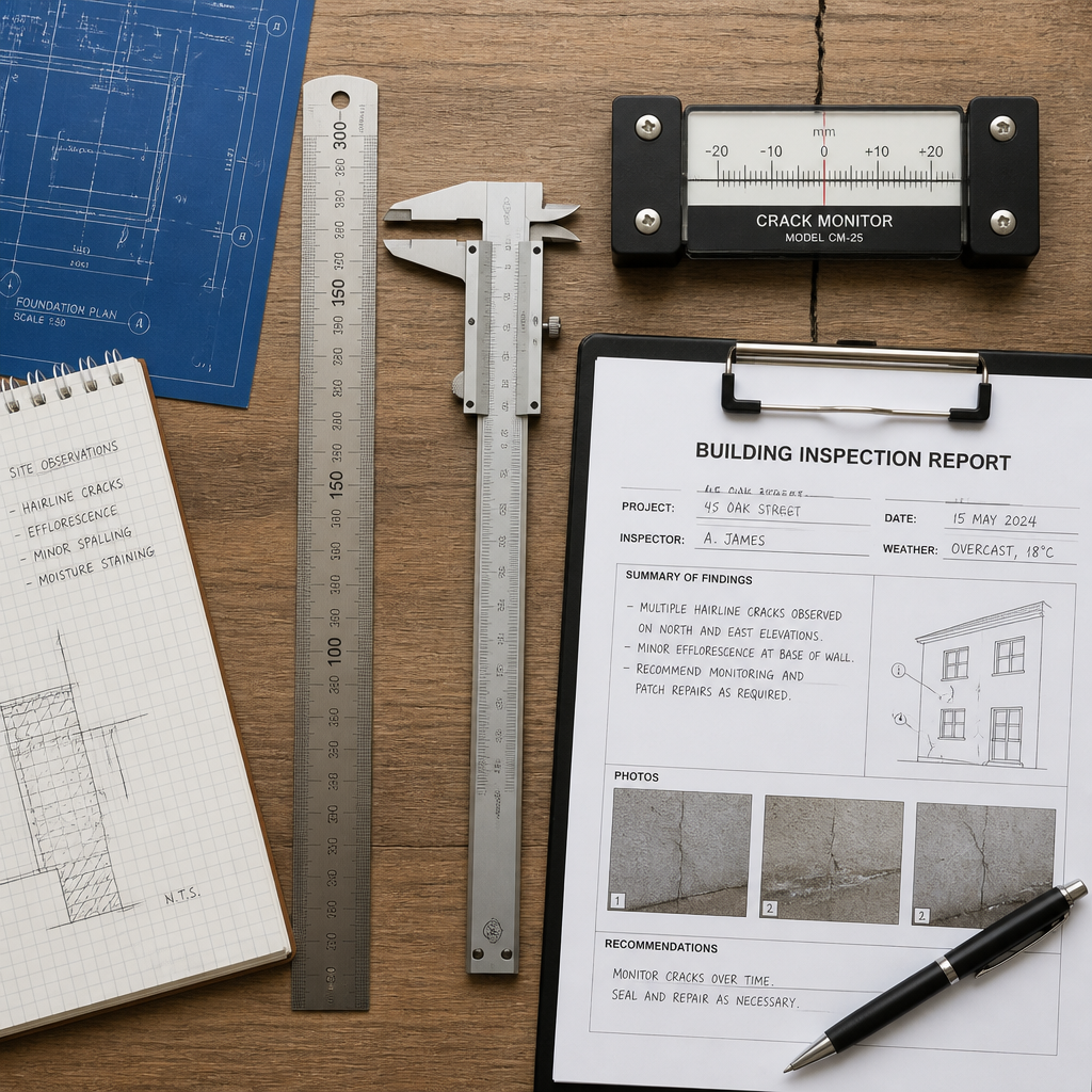 Outils de mesure et d'inspection pour évaluer les fissures structurelles arrangés sur plans architecturaux