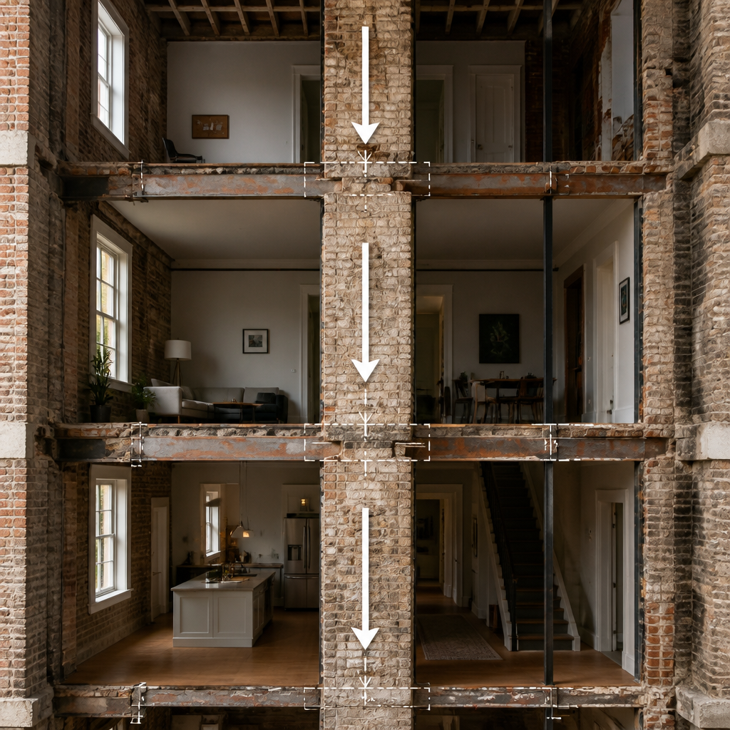 Vue intérieure d'une structure bâtiment montrant les murs porteurs et la distribution des charges verticales