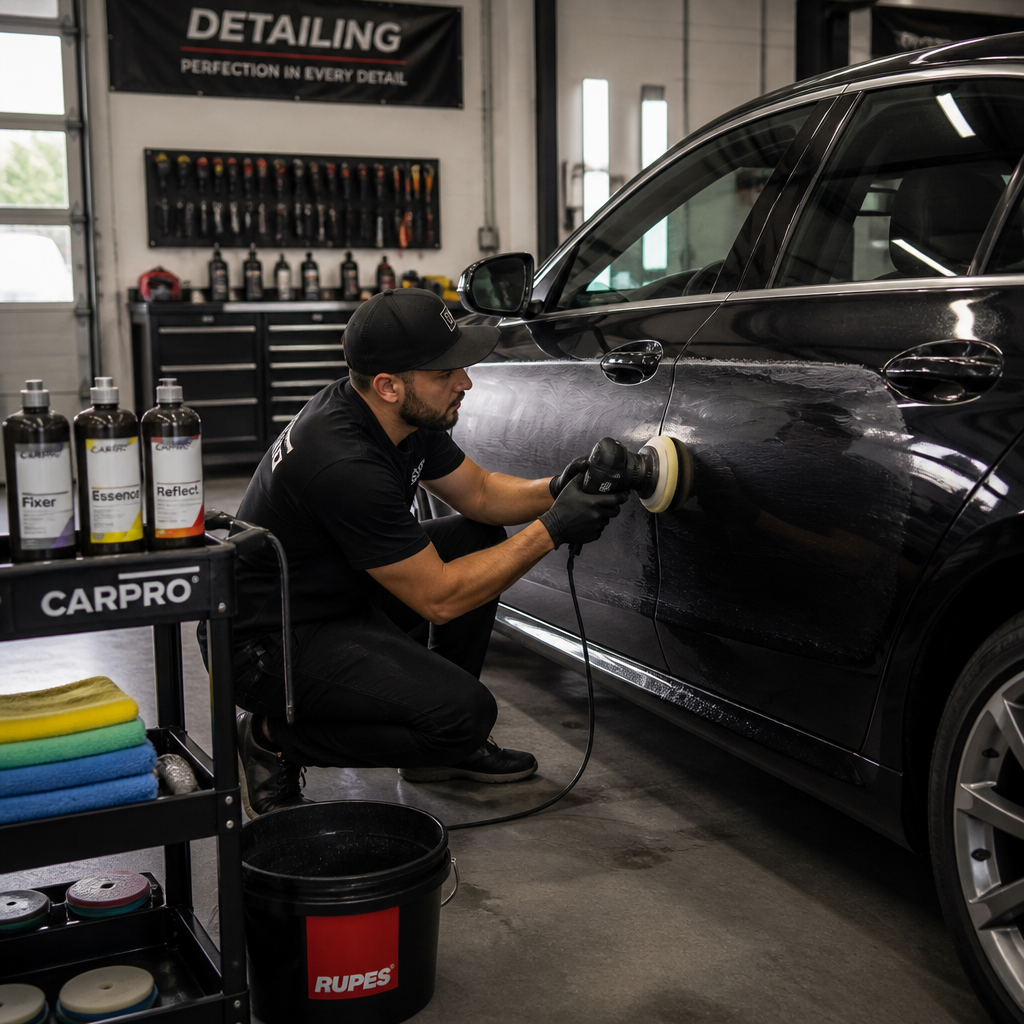 Automotive technician performing paint correction with polisher