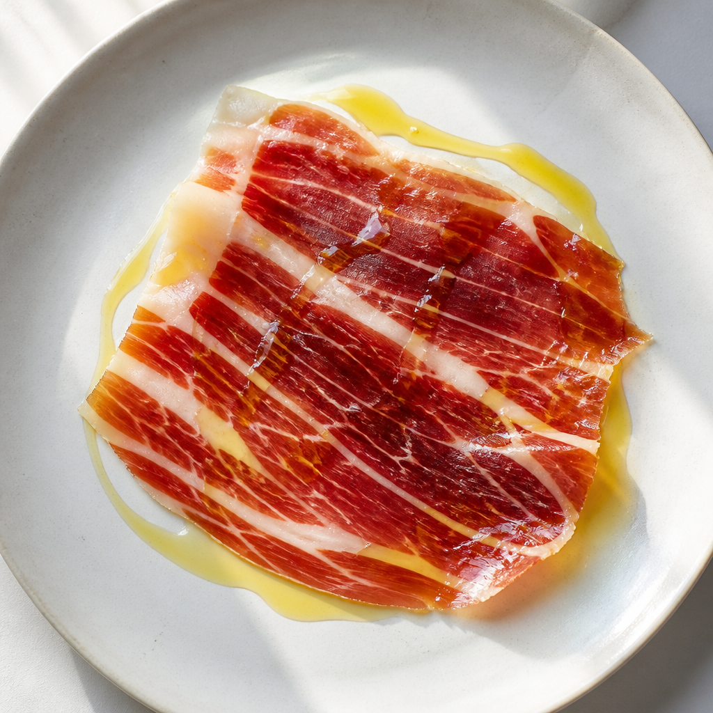 Jamón ibérico con gotitas de aceite de oliva virgen extra en plato blanco