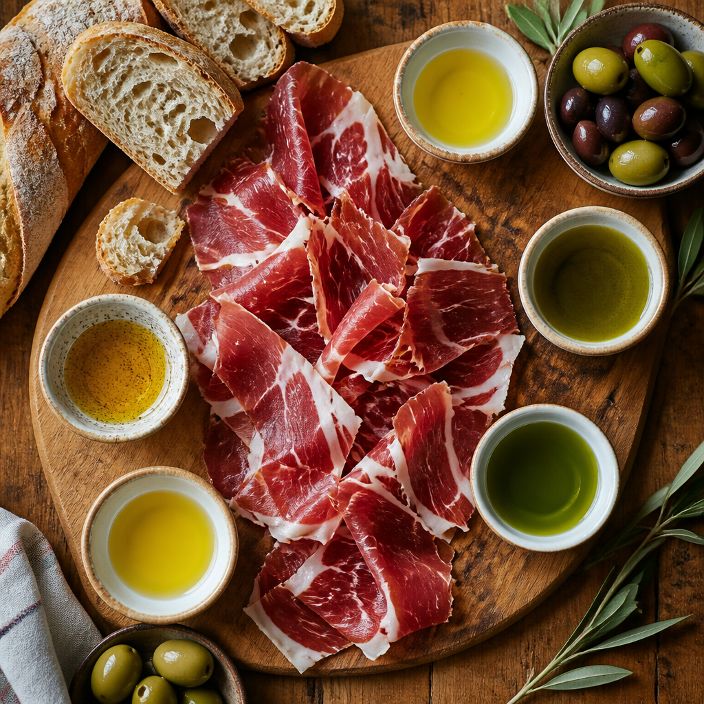 Tabla ibérica con jamón, diferentes aceites de oliva virgen extra y acompañamientos