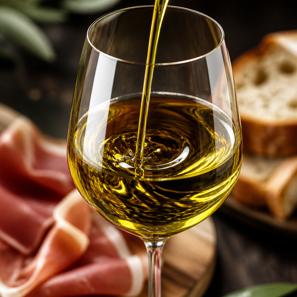 Aceite de oliva virgen extra vertido en copa con jamón ibérico de fondo