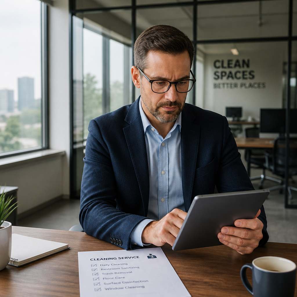 Melbourne business owner using a tablet to inspect Vibrant Property Services commercial cleaning contracts across Clyde and South East Melbourne.