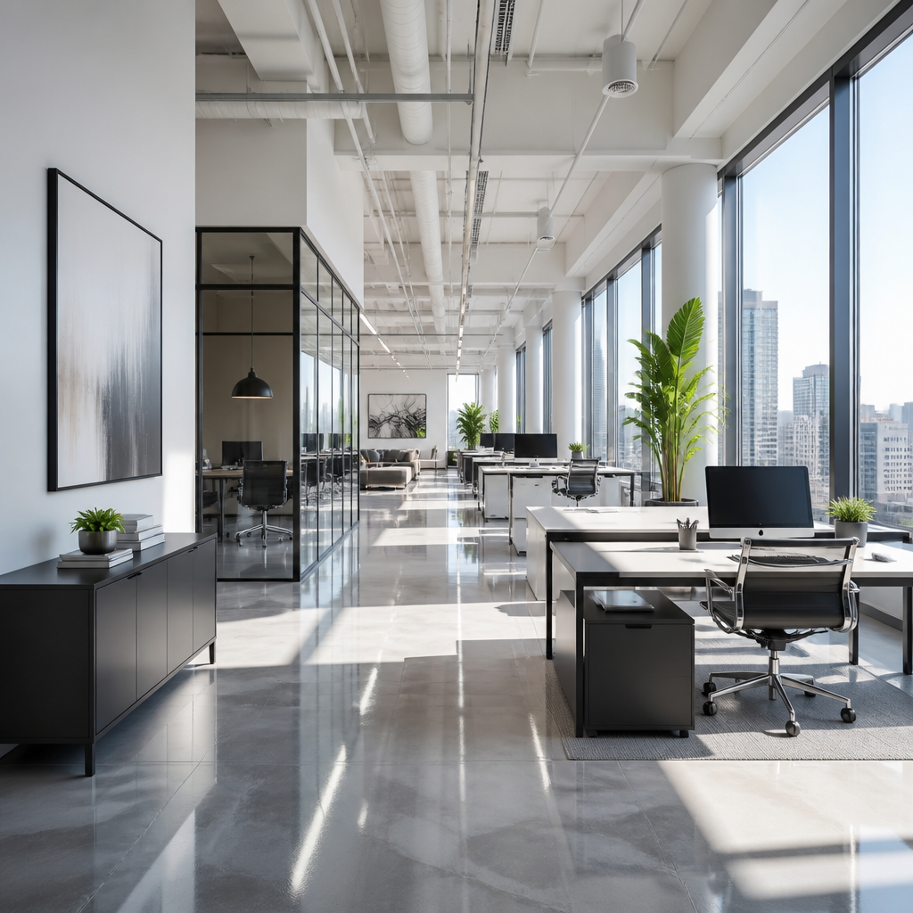 High-gloss office floor and clean window maintenance delivered by Vibrant Property Services in Clyde, Wantirna, and South East Melbourne.