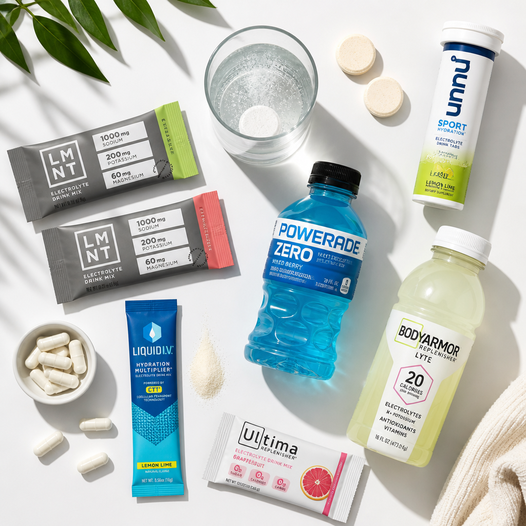 Selection of different electrolyte supplement formats including powders, tablets, drinks, and capsules