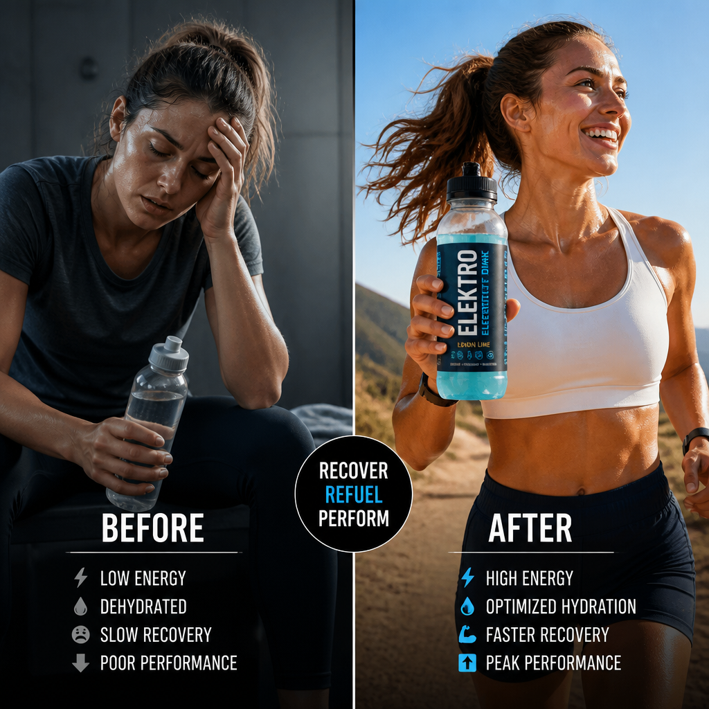 Contrasting visual between tired hydration with water alone versus energized recovery with electrolytes