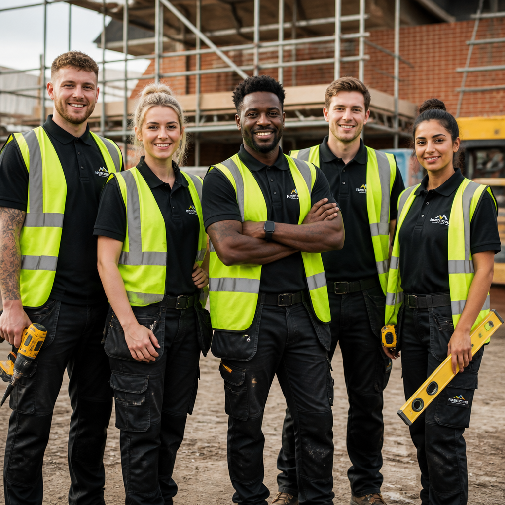 Professional tradespeople team in coordinated branded workwear on a job site