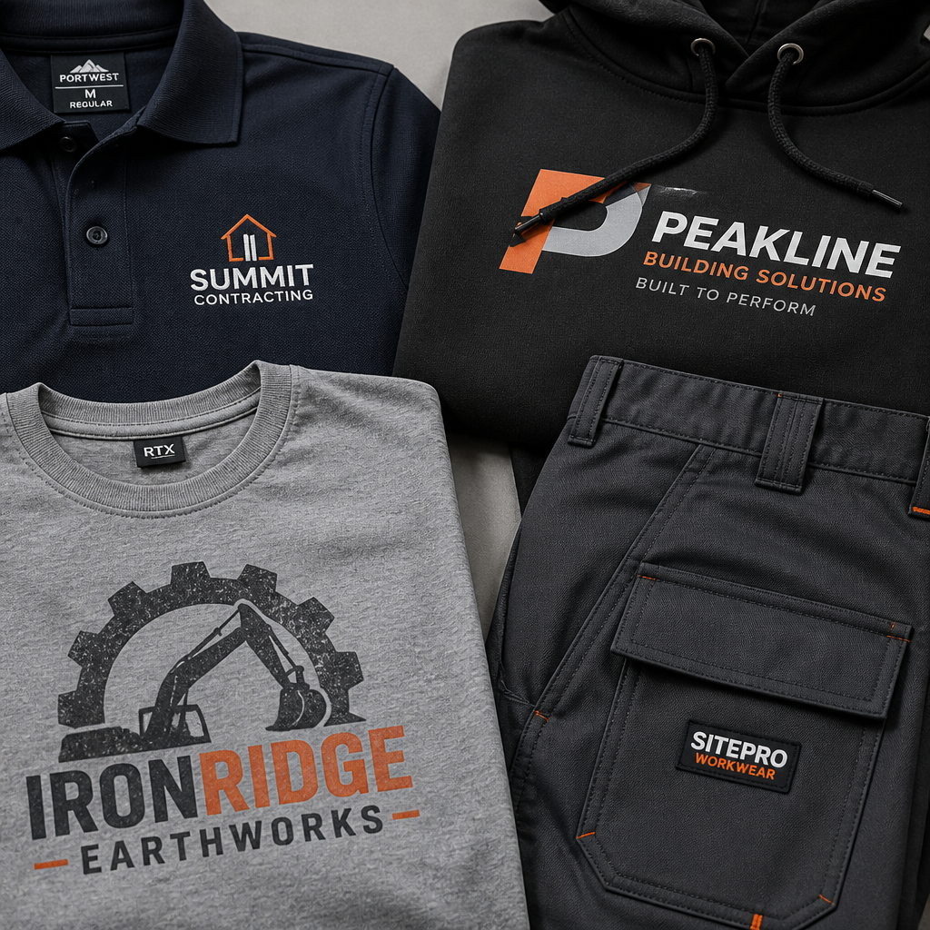 Array of branded workwear garments displaying different print and embroidery methods