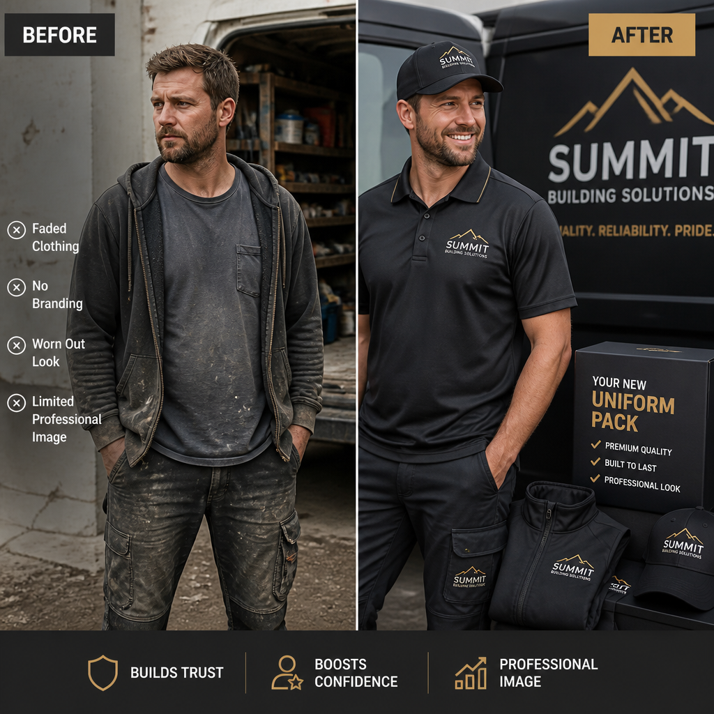 Visual contrast between unbranded worn workwear and professional branded uniform pack