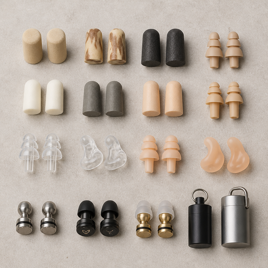Overhead view of different ear plug types displaying foam, silicone, and metal materials side by side