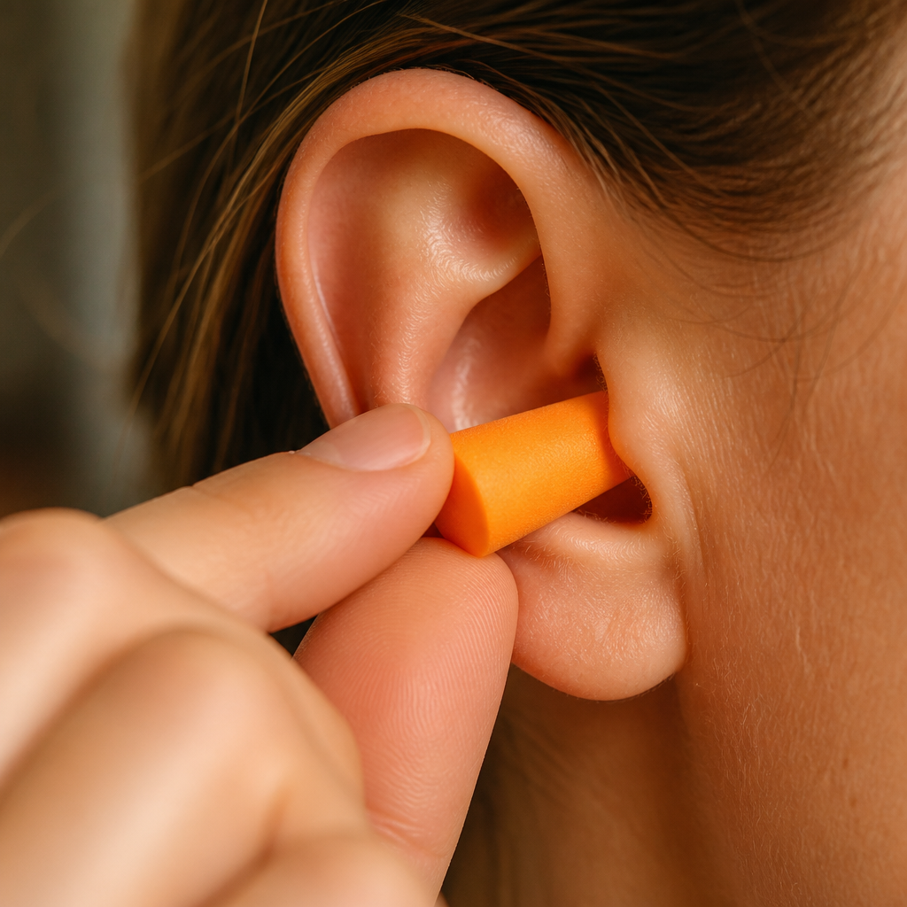 Detailed close-up of correct ear plug insertion into an ear canal