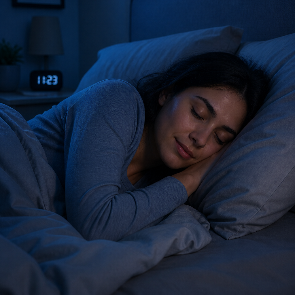 Person sleeping soundly in bed at night with peaceful expression