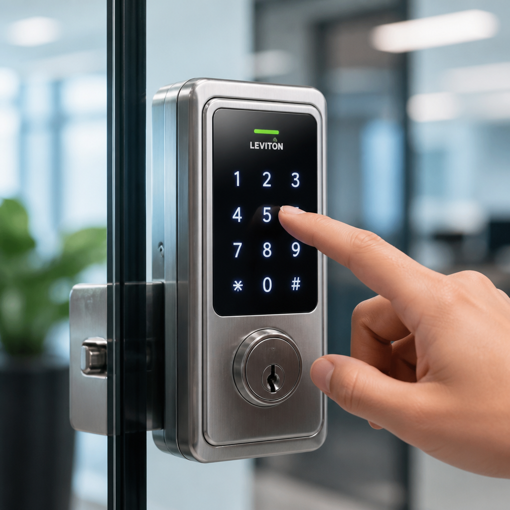 Finger entering PIN code on illuminated keypad door lock