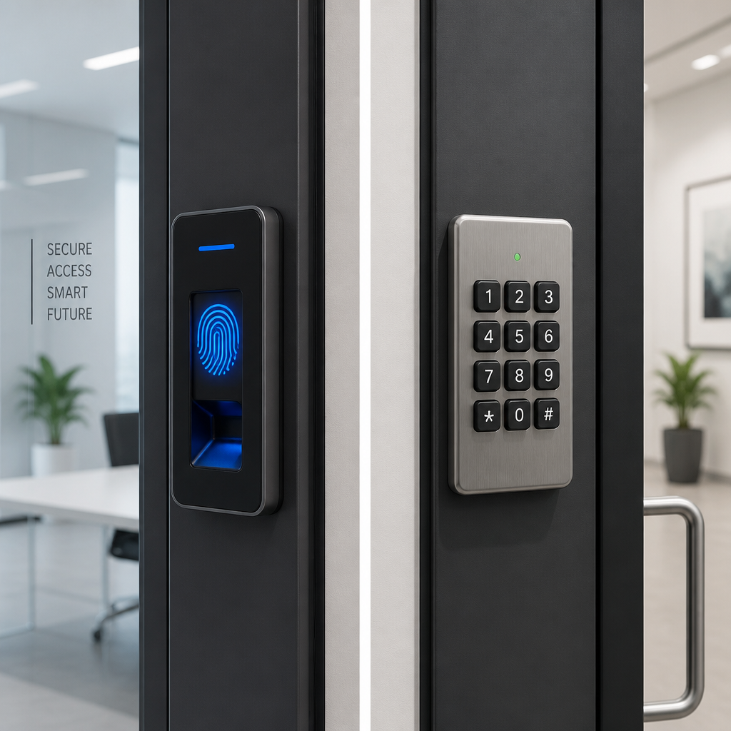 Side-by-side visual comparison of fingerprint scanner and keypad lock systems