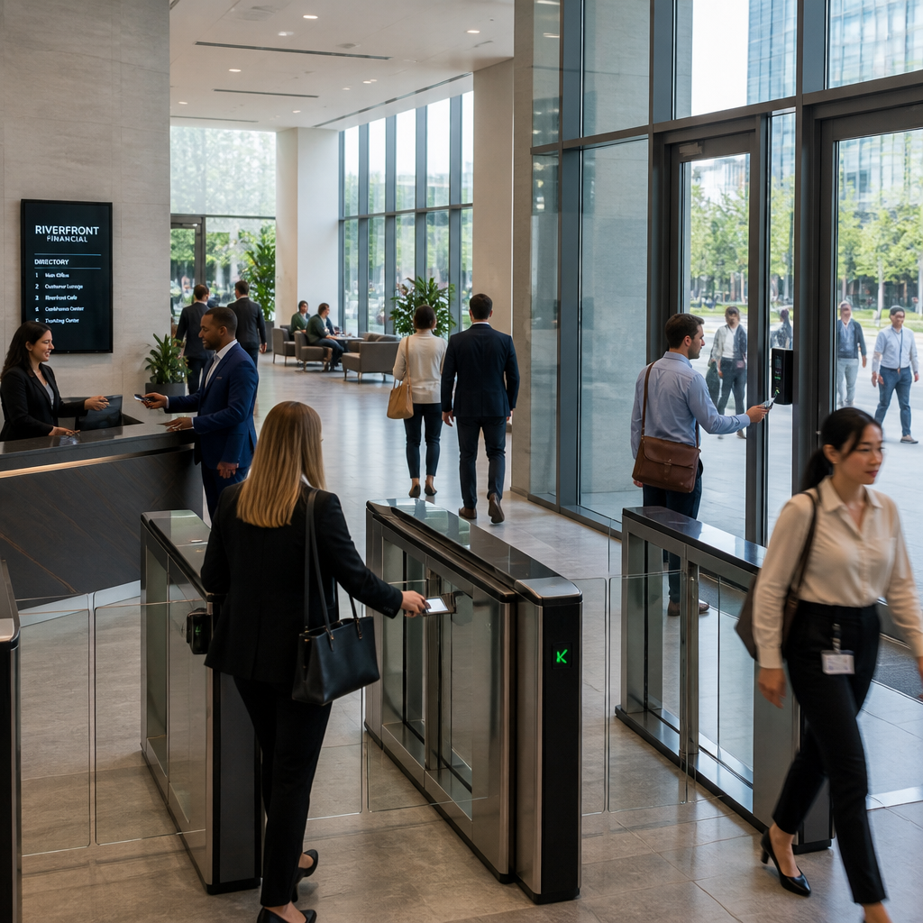 Busy office entrance with employees using various door access systems