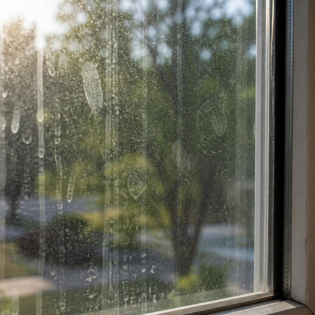 Close-up of dirty window glass with hard-water streaks and dust buildup