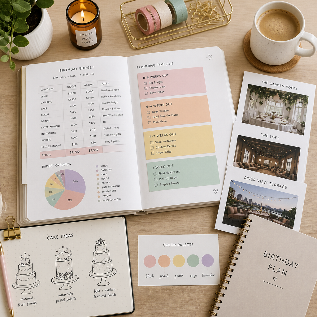 Birthday party planning workspace with budget notes and venue materials