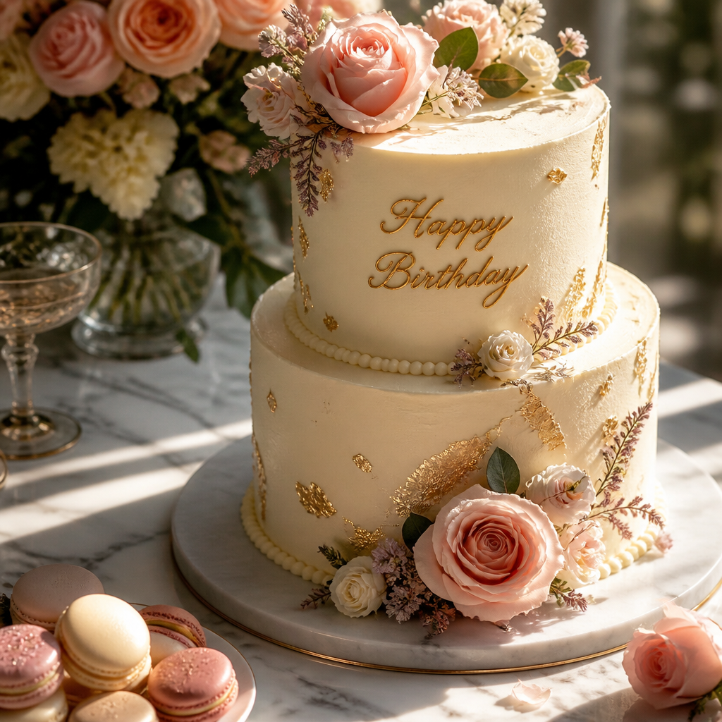 Elegant tiered birthday cake with dessert styling and natural lighting