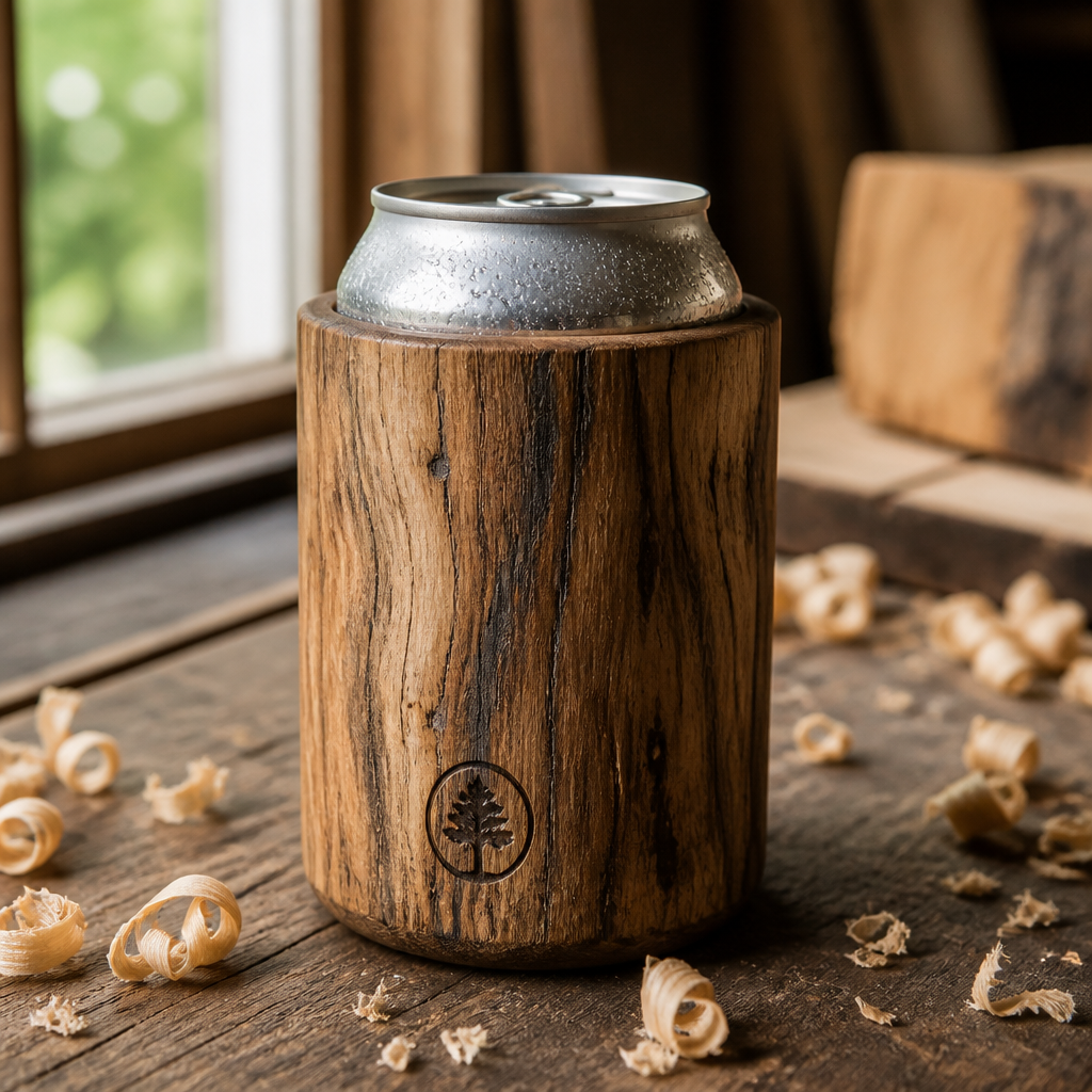 Wooden can insulator on a beverage with visible wood grain detail
