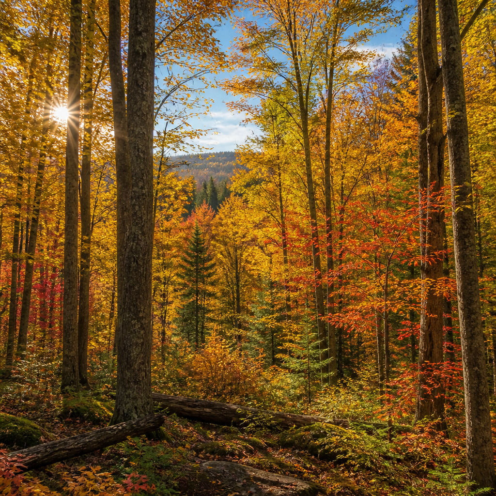 Autumn Vermont hardwood forest with golden sunlight through canopy