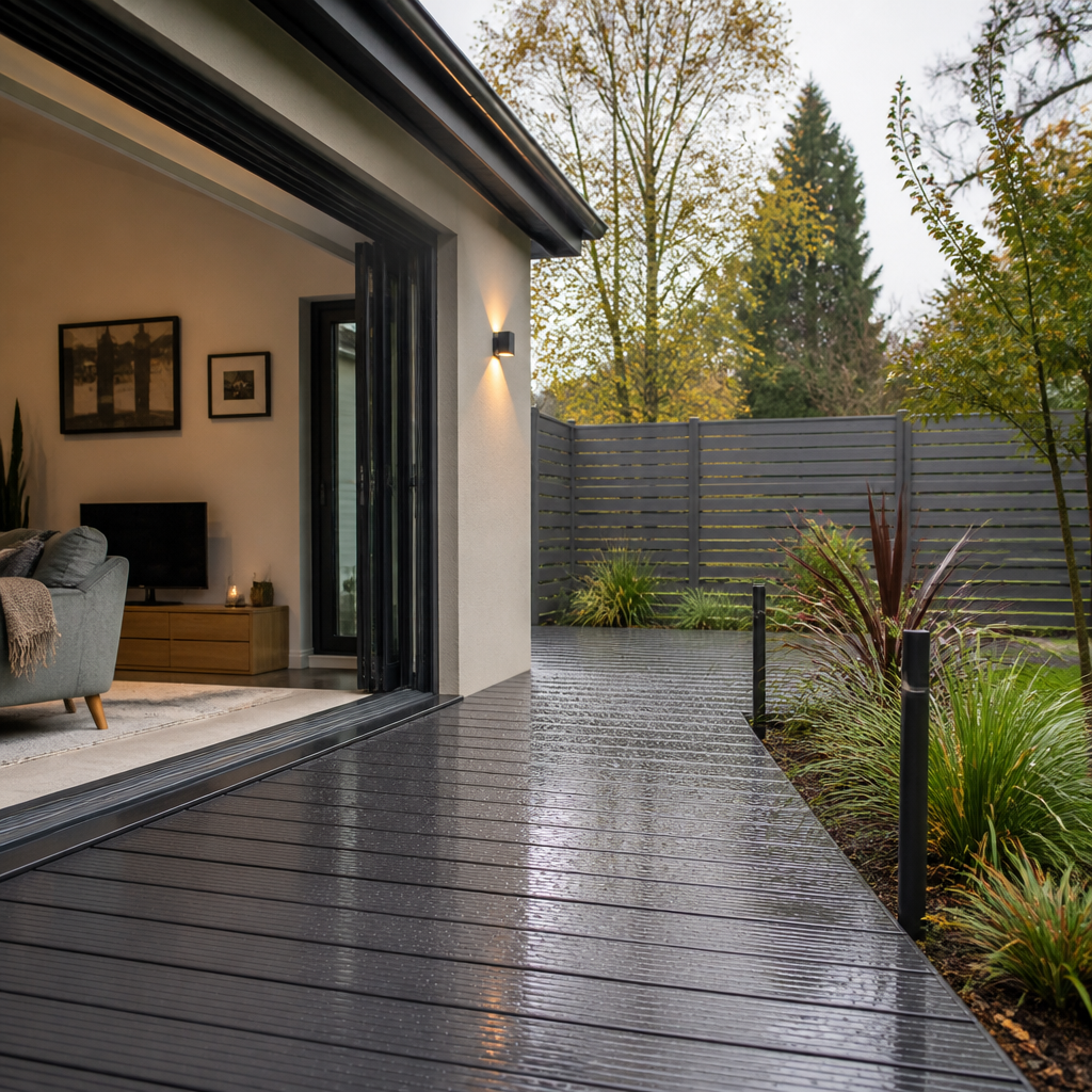 Modern composite decking connecting a garage conversion to the garden in Edinburgh