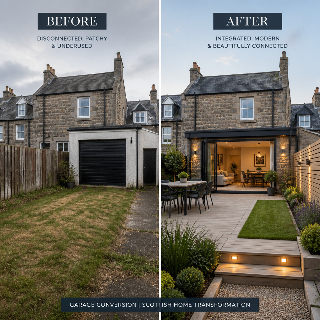 Transformation of garden space before and after garage conversion with decking and fencing installation