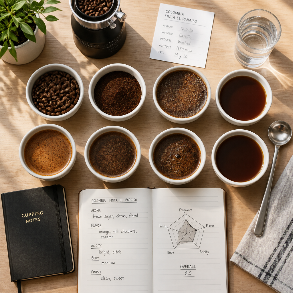 Professional coffee cupping setup with multiple tasting bowls and evaluation tools on a wooden table