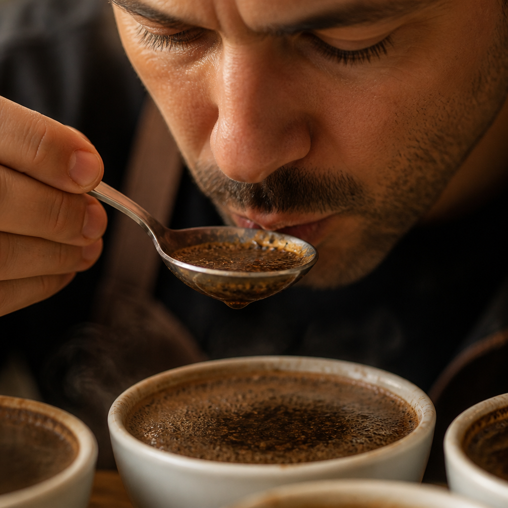 Close-up of coffee cupping technique with spoon being used to taste and aerate freshly brewed coffee