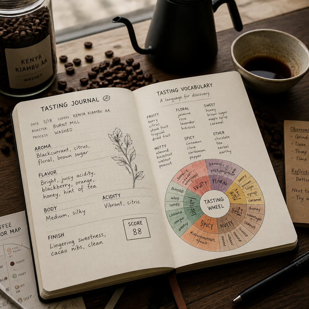 Open cupping journal with handwritten tasting notes, flavor wheel guide, and coffee beans arranged on a light desk surface