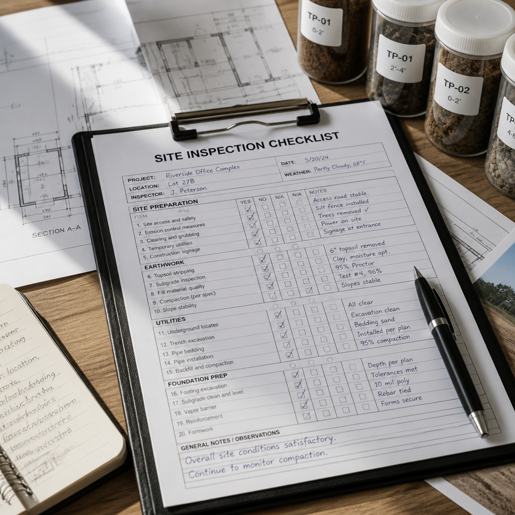 Home inspection checklist and building documents on a desk