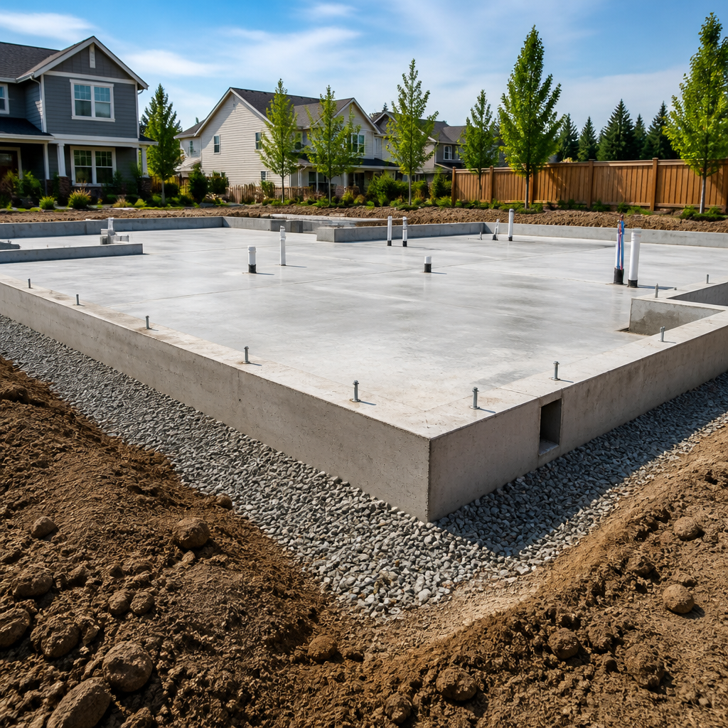 New residential home foundation and concrete slab during inspection