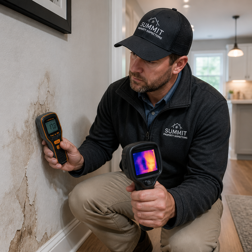 Building inspector conducting detailed interior home assessment with diagnostic tools