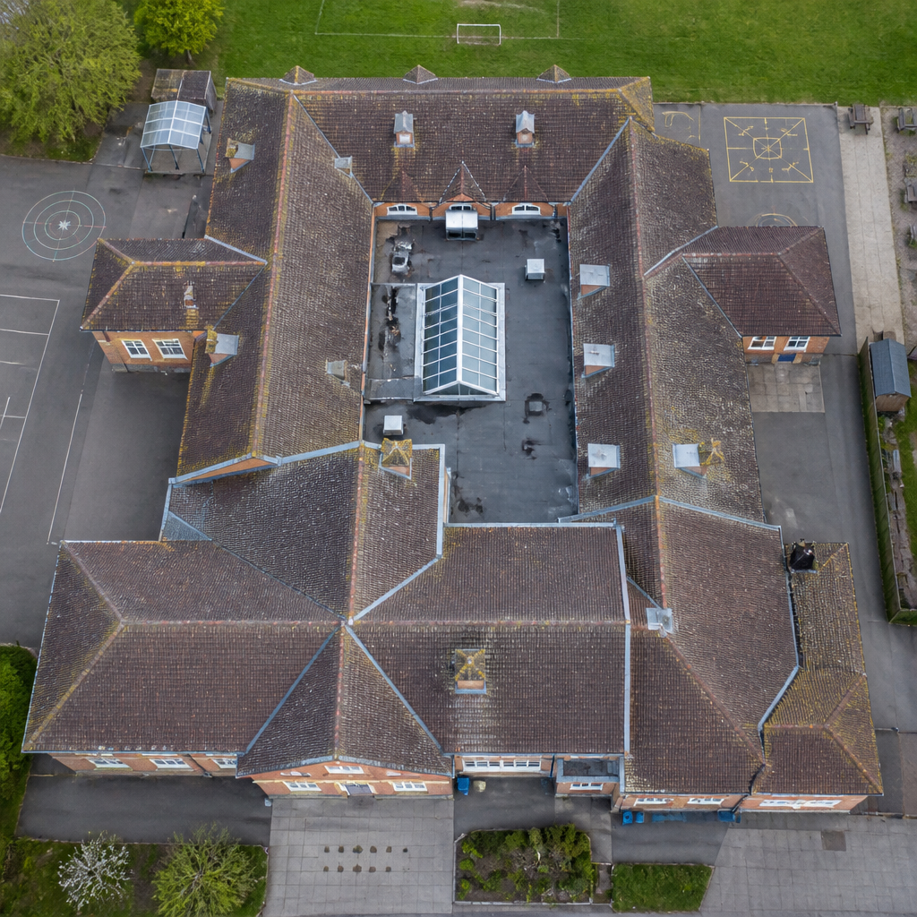 Dronesynspunkt af skolebygnings tag med synlige tagtegl og strukturelle detaljer