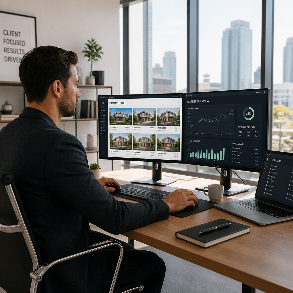 Real estate agent reviewing Google Ads campaigns on multiple monitors in a modern office