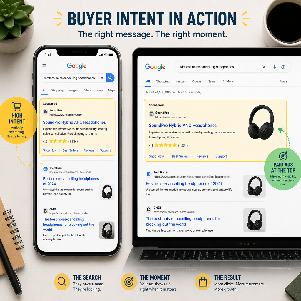 Digital devices showing Google search results with paid property listings highlighted