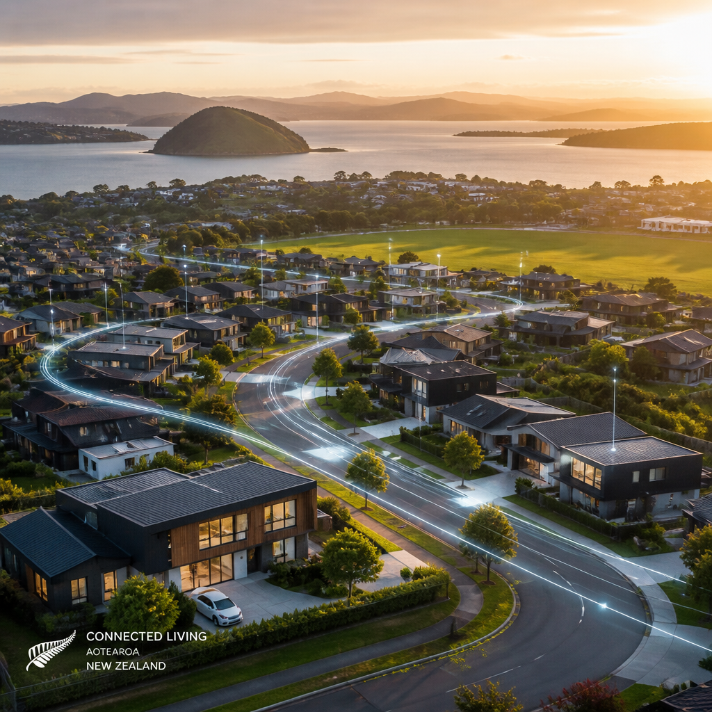 Aerial view of New Zealand residential properties in a modern suburban neighborhood