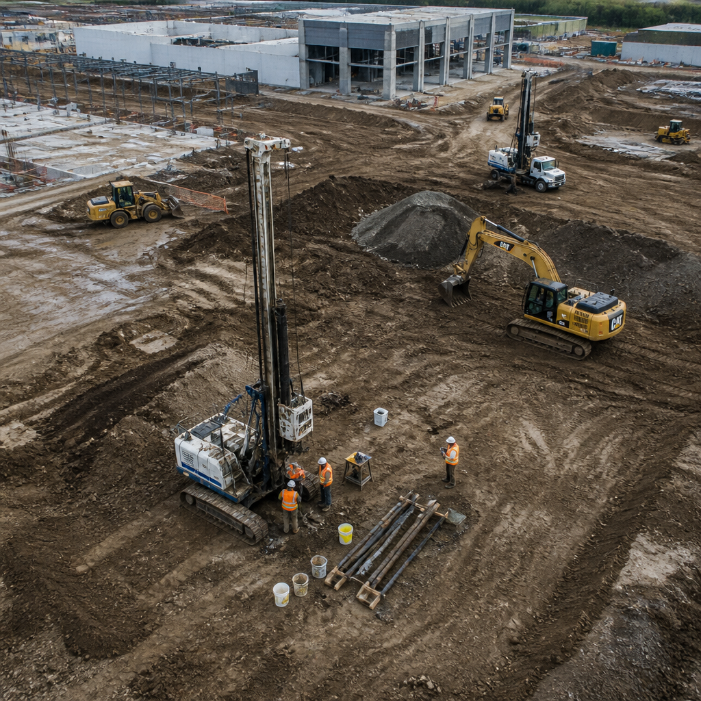 Vue aérienne d'un chantier industriel avec équipements de sondage et caractérisation des sols