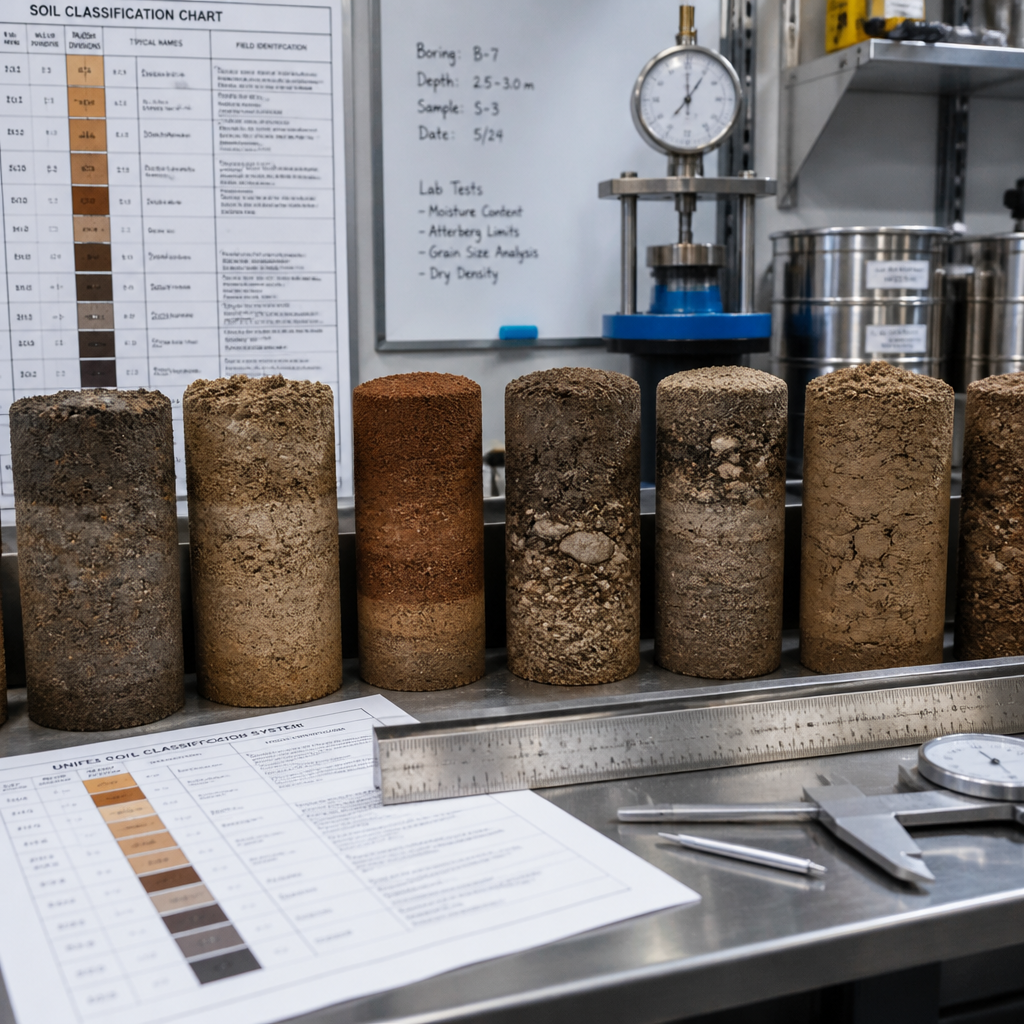 Carottes de sondage et échantillons de sols analysés en laboratoire géotechnique