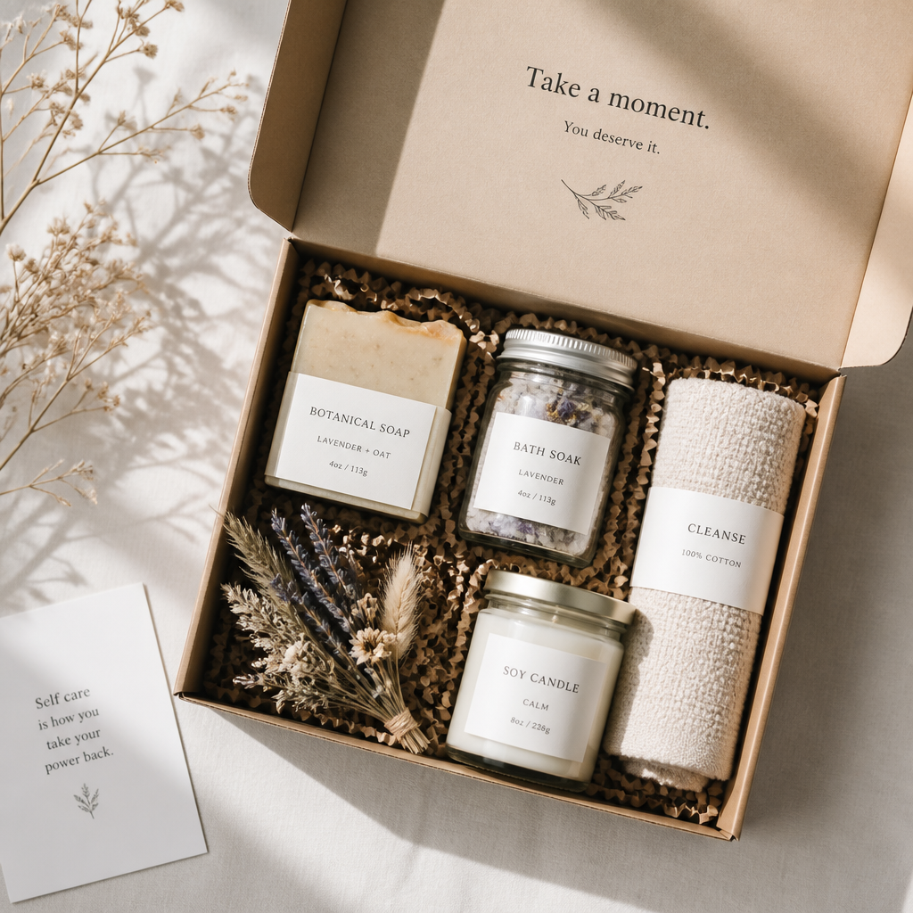 An open subscription box displaying five thoughtfully curated self-care products arranged on a neutral surface with natural lighting