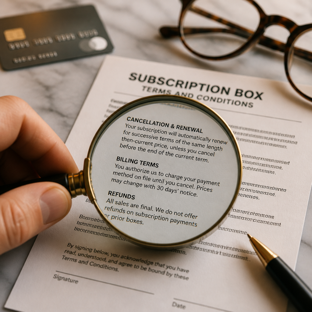 A magnifying glass examining fine print on a subscription contract with a credit card visible in the background
