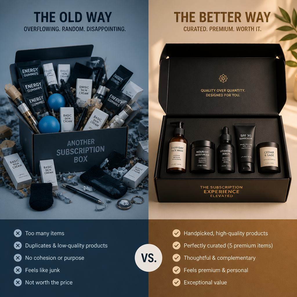 Side-by-side comparison of an overstuffed low-quality subscription box versus a minimal curated box with premium items